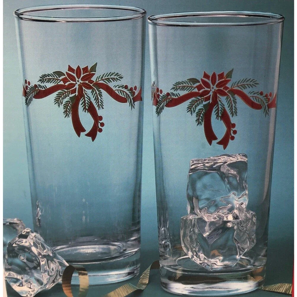 Anchor Hocking Poinsettia & Ribbon Tumblers Holiday Iced Teas 16 oz Set of 4 NEW